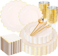 LIYH 210 Pcs Ivory Plastic Gold Scalloped Plates Dinnerware Set