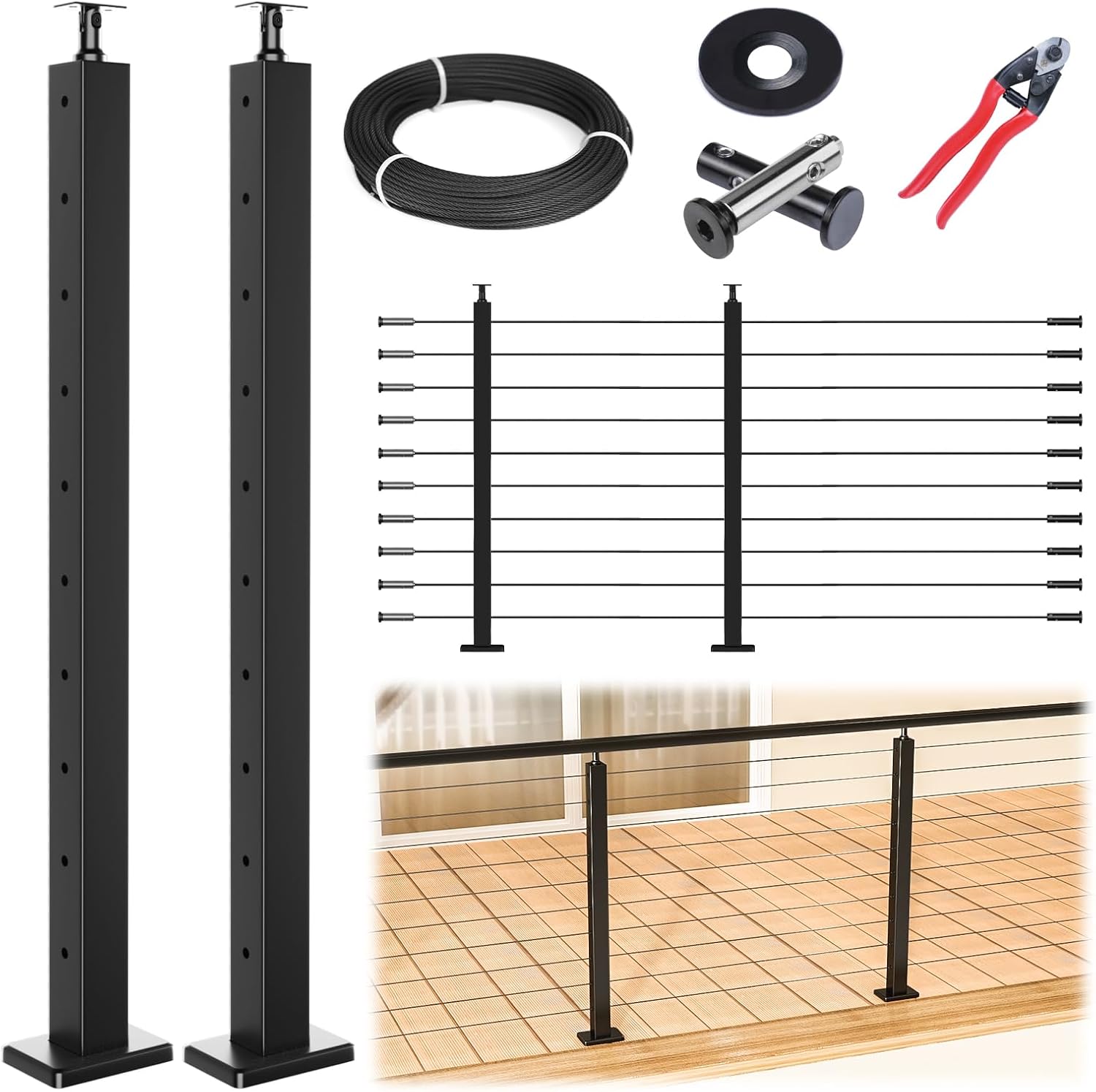 Muzata Modular Black Cable Railing Kit for Easy DIY Decks