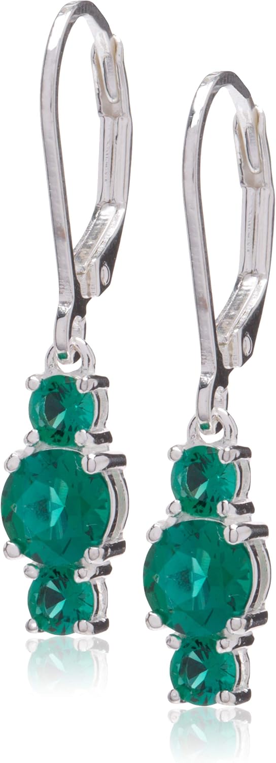 Sterling Silver Three Stone Birthstone Leverback Dangle Earrings