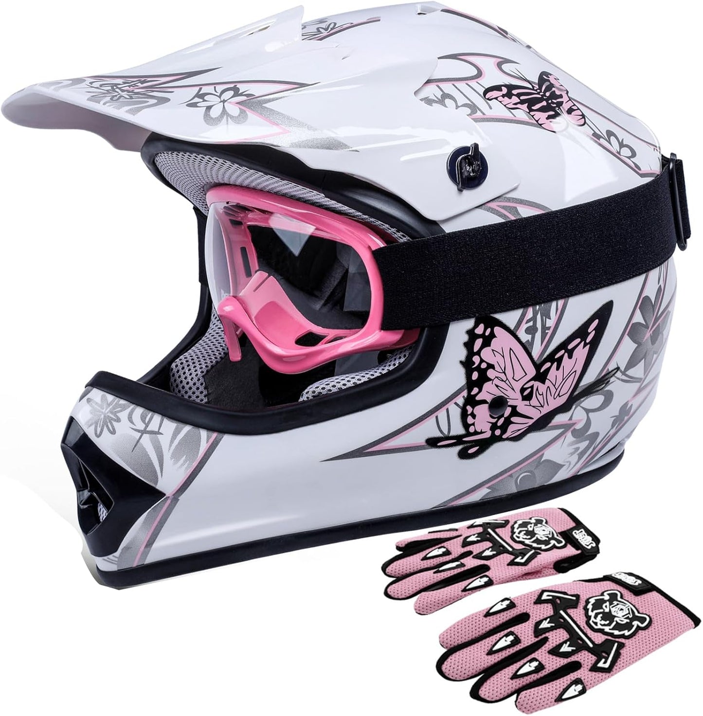 TCT-MOTORPARTS Pink Butterfly Kids Motocross Helmet Set