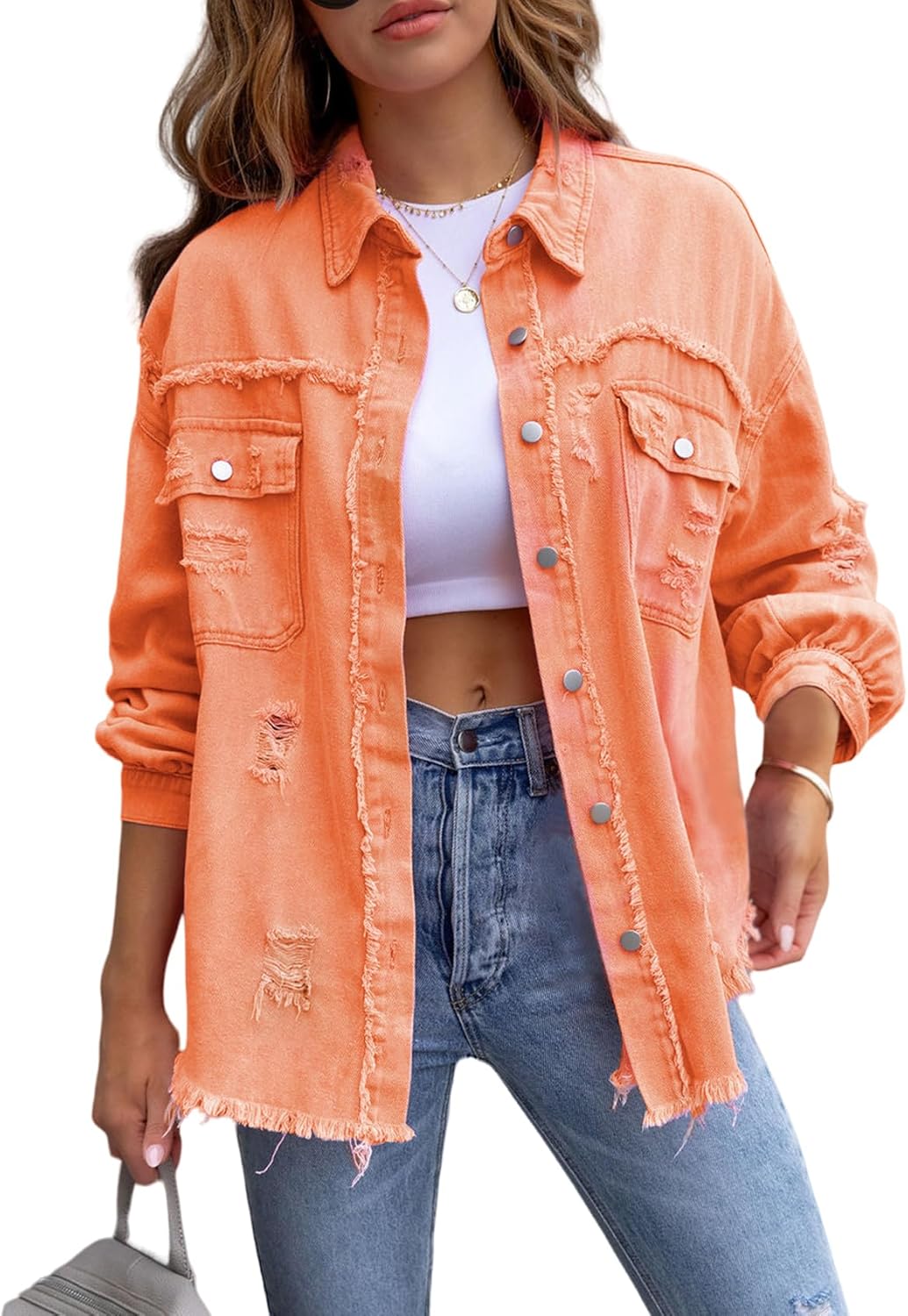 Oversized Ripped Denim Jacket for Women with Frayed Hem Style