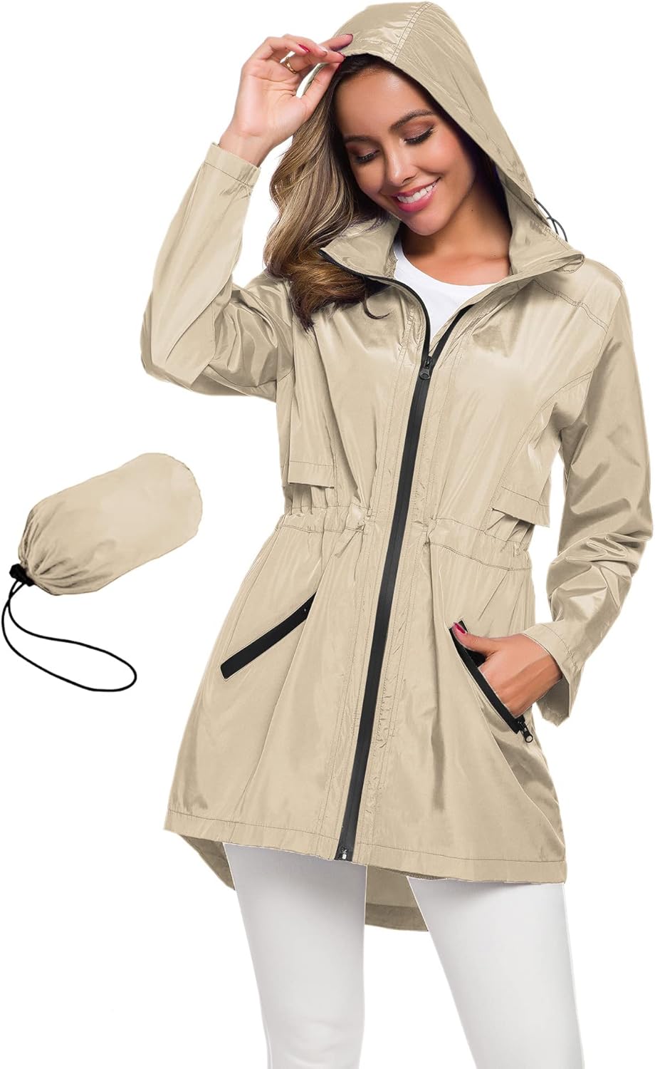 Women's Long Waterproof Raincoat with Hood - Lightweight Windbreaker