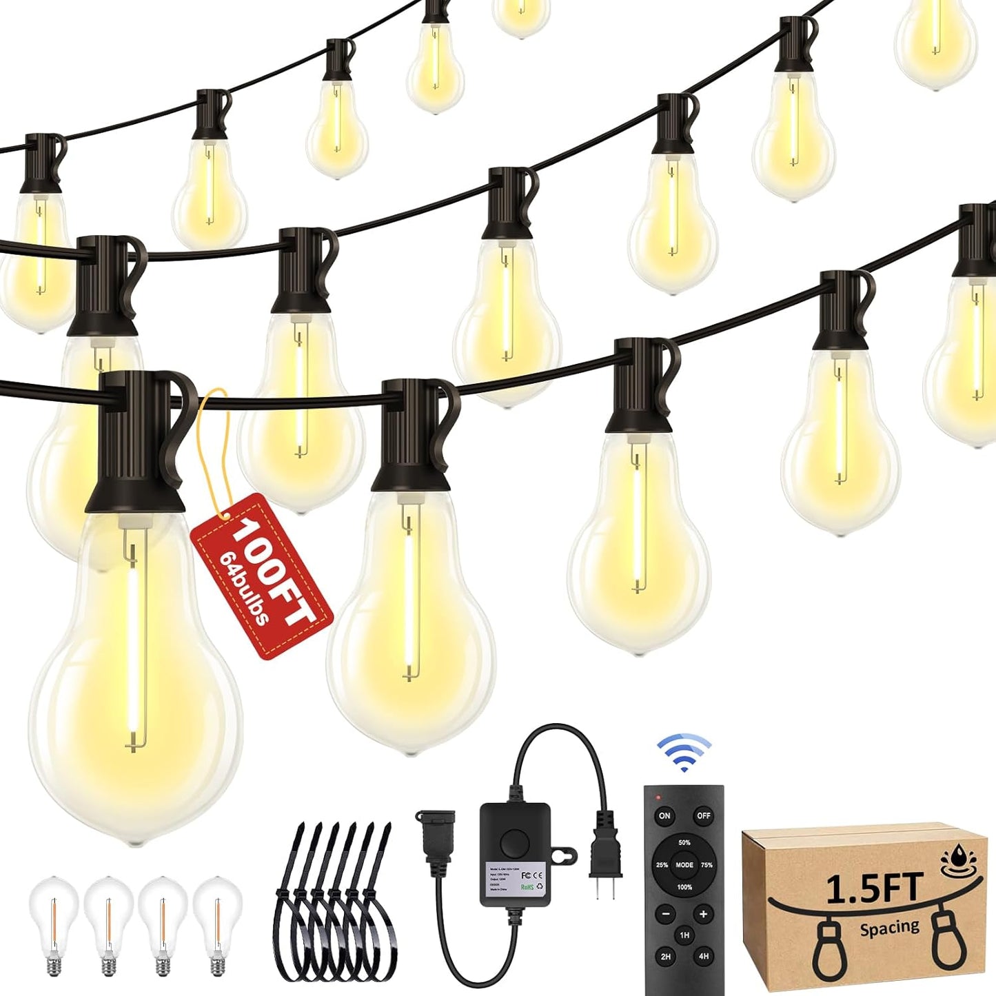 100FT Outdoor String Lights Waterproof with Remote & Dimmer