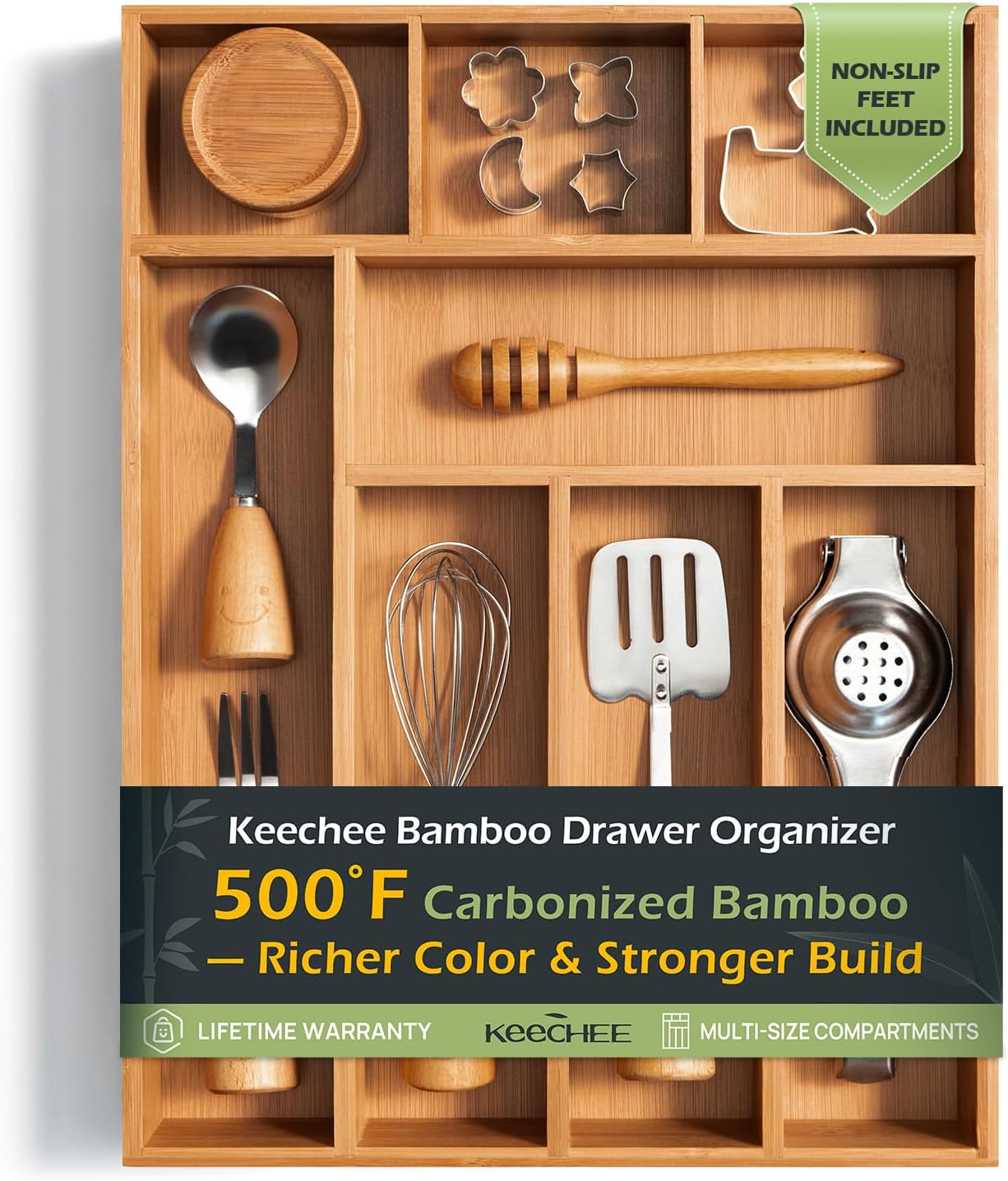 Carbonized Bamboo Kitchen Drawer Organizer for Utensils & Cutlery