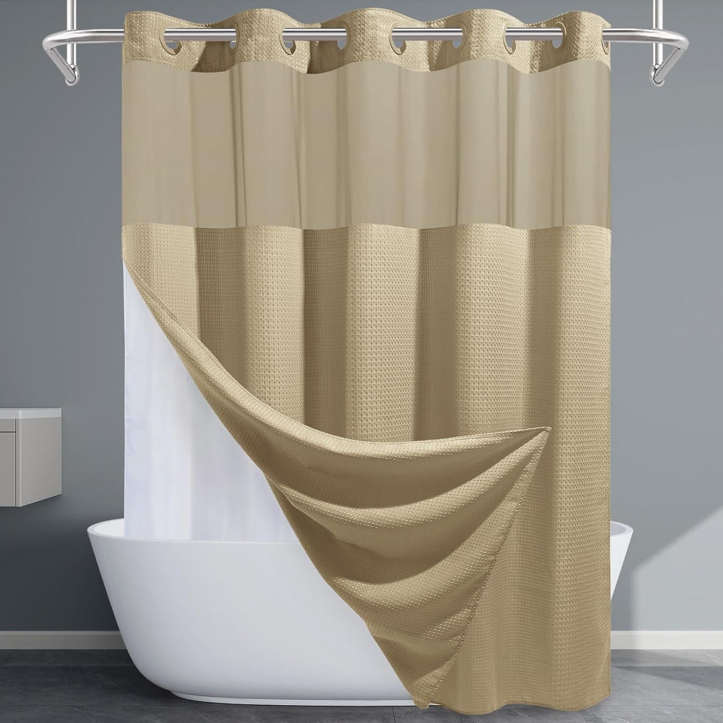 Beige No Hook Shower Curtain with Snap in Liner for Elegance
