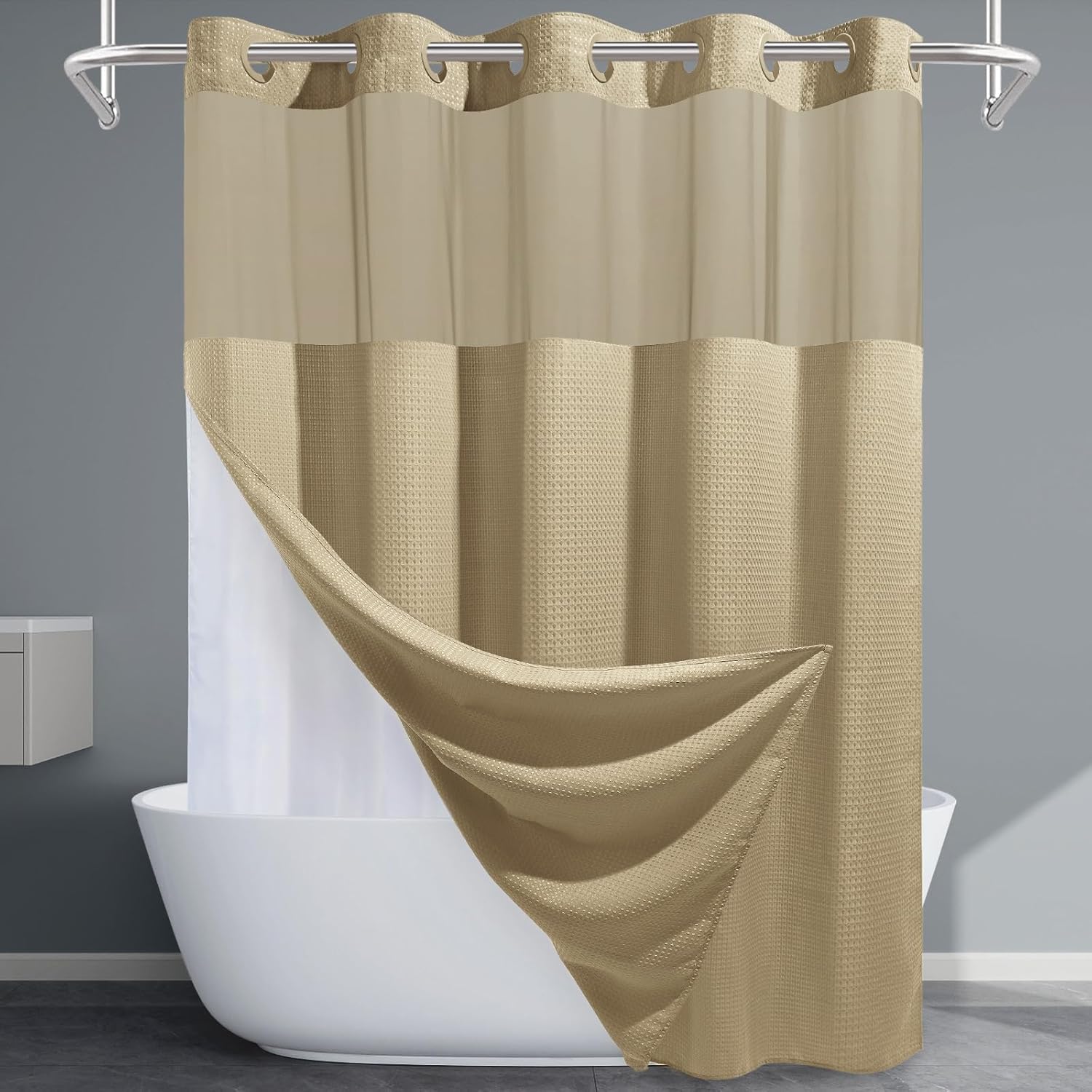 Beige No Hook Shower Curtain with Snap in Liner for Elegance