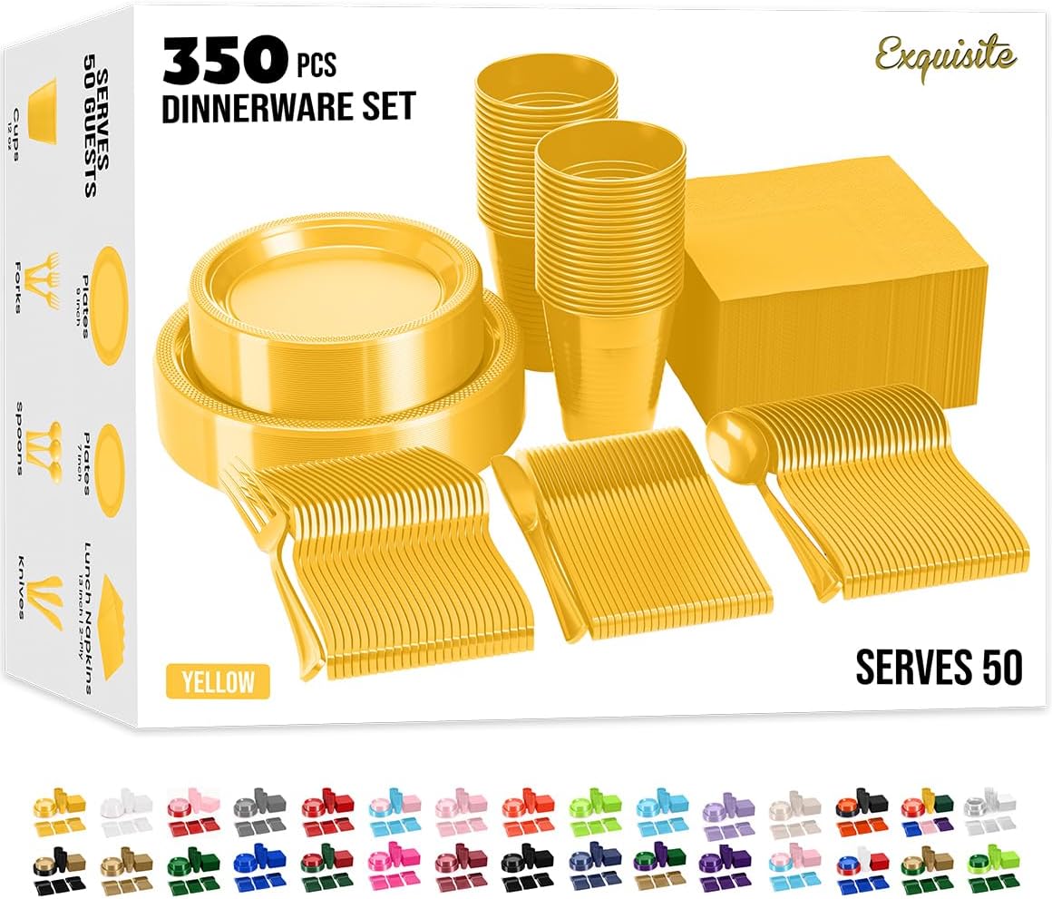 350 Pcs Yellow Plastic Plates Set for Parties and Events