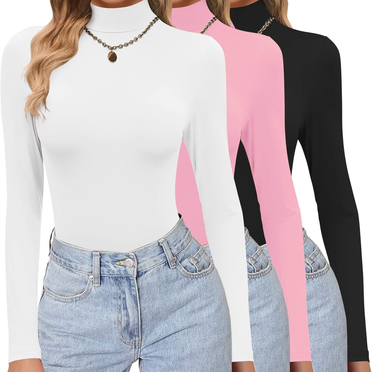 Ekouaer Women's Turtleneck Shirts 3 Pack for Layering Style