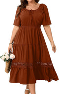 RWJ Women's Plus Size Maxi Dress Short Sleeve Square Neck Flowy A-Line