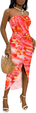 Umenlele Strapless Ruched High Waist Wrap Split Maxi Dress Women's