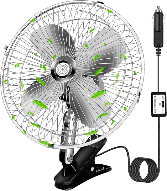 10-Inch Silver Cigarette Lighter Fan for Cars and Trucks