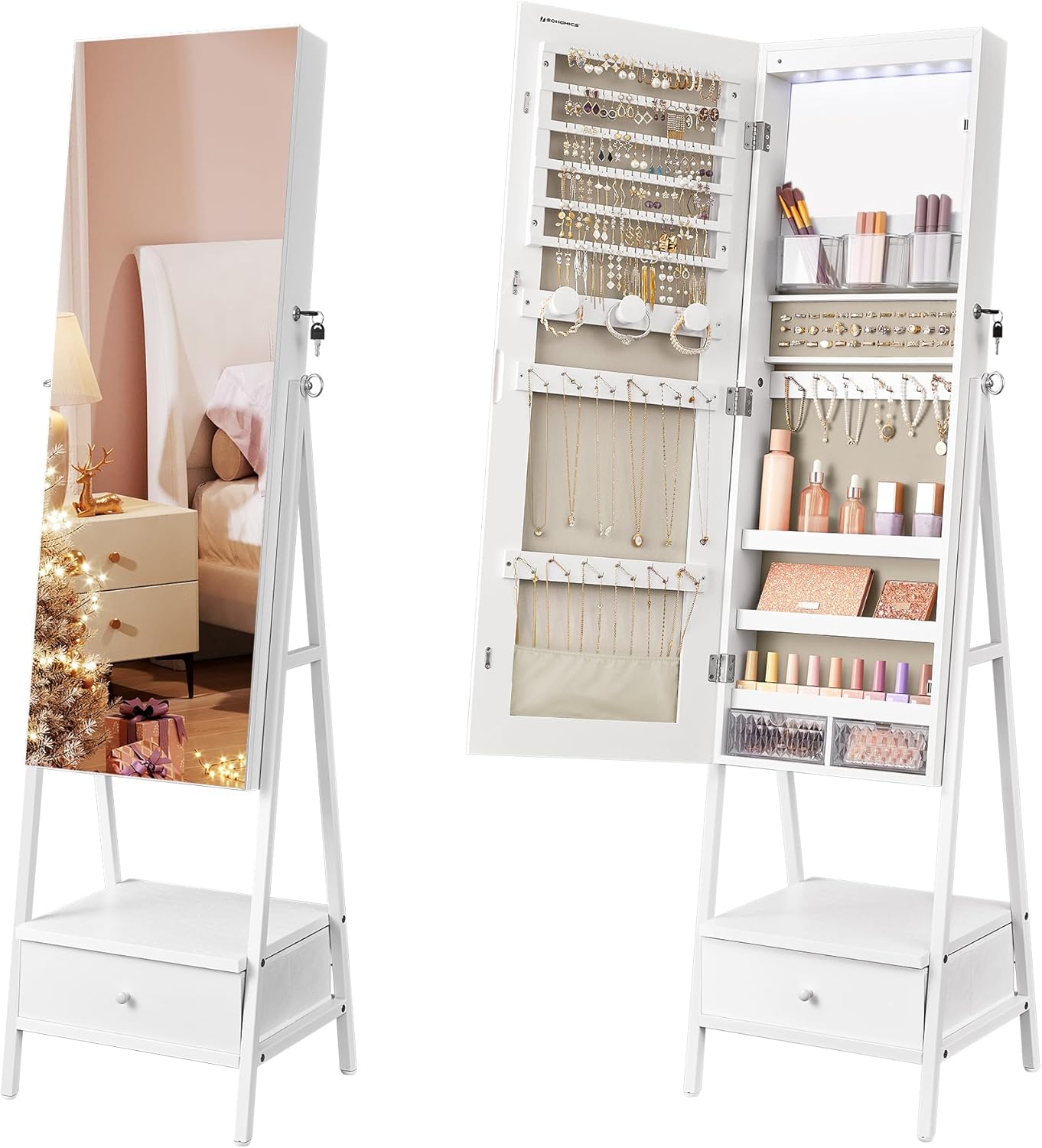 LED Mirror Jewelry Cabinet with Full-Length Mirror and Storage