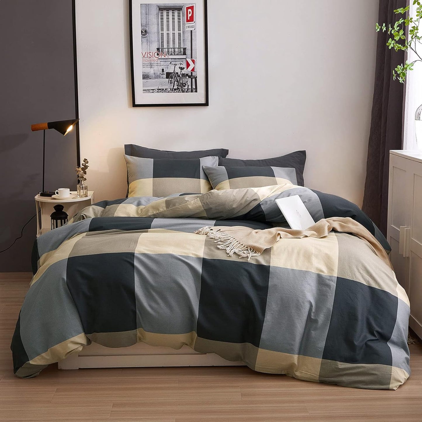 Plaid Duvet Cover King Set - Black Gray Checkered Bedding