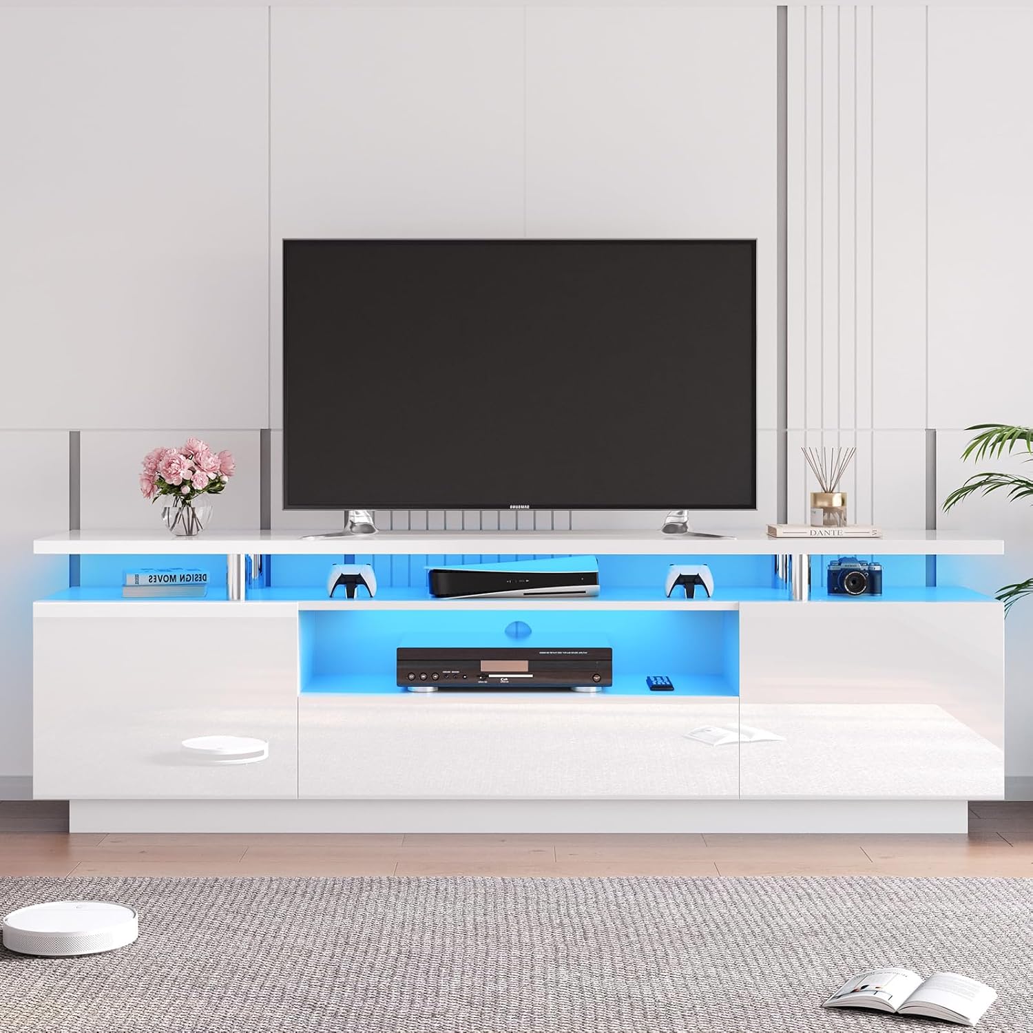 Stylish 70in LED TV Stand, High Gloss, Storage Drawer, White - LUXOAK