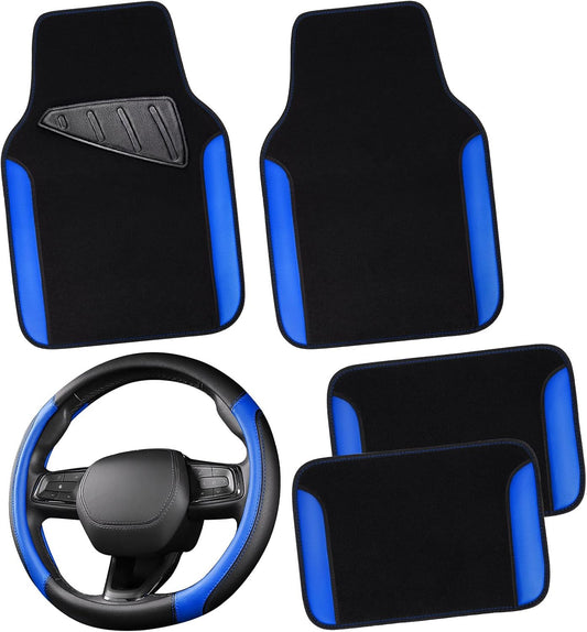 CAR PASS Faux Leather Steering Wheel Cover and Floor Mats Combo