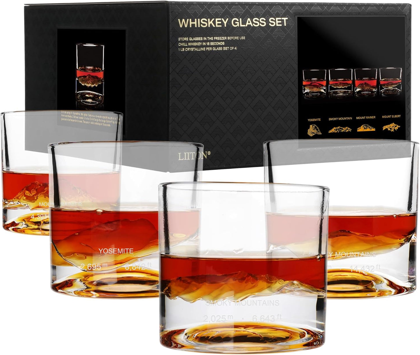 LIITON American Peaks Heavy Crystal Whiskey Glasses Gift Set