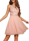 Women Floral Lace Sequin Top Chiffon Short Prom Dress V Neck