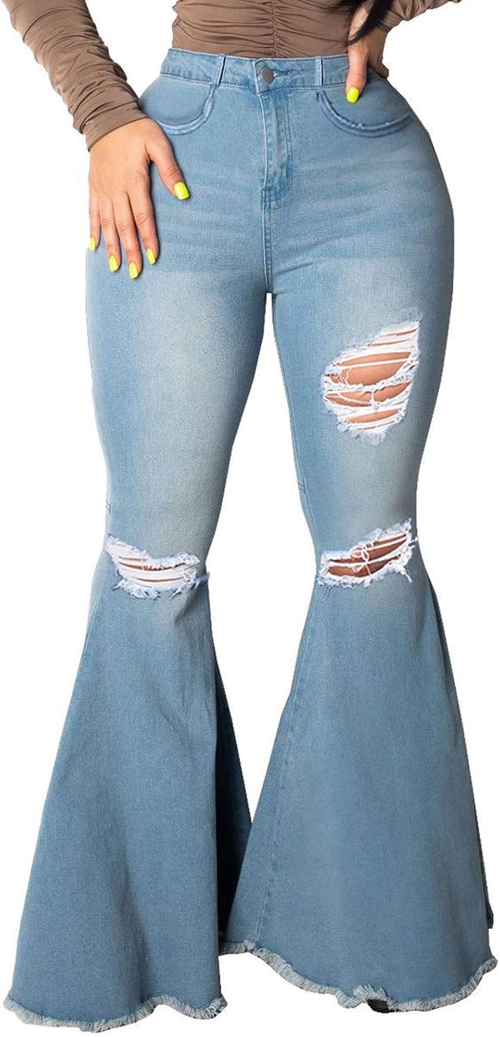 SeNight Women Bell Bottom Jeans with Ripped Flared Design