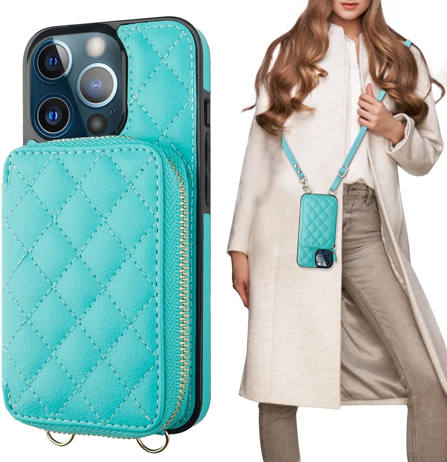 Bocasal Crossbody Wallet Case for iPhone 13 Pro - Mint Green
