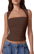 Womens Square Neck Tank Top - Double Lined Side Ruched Crop Top