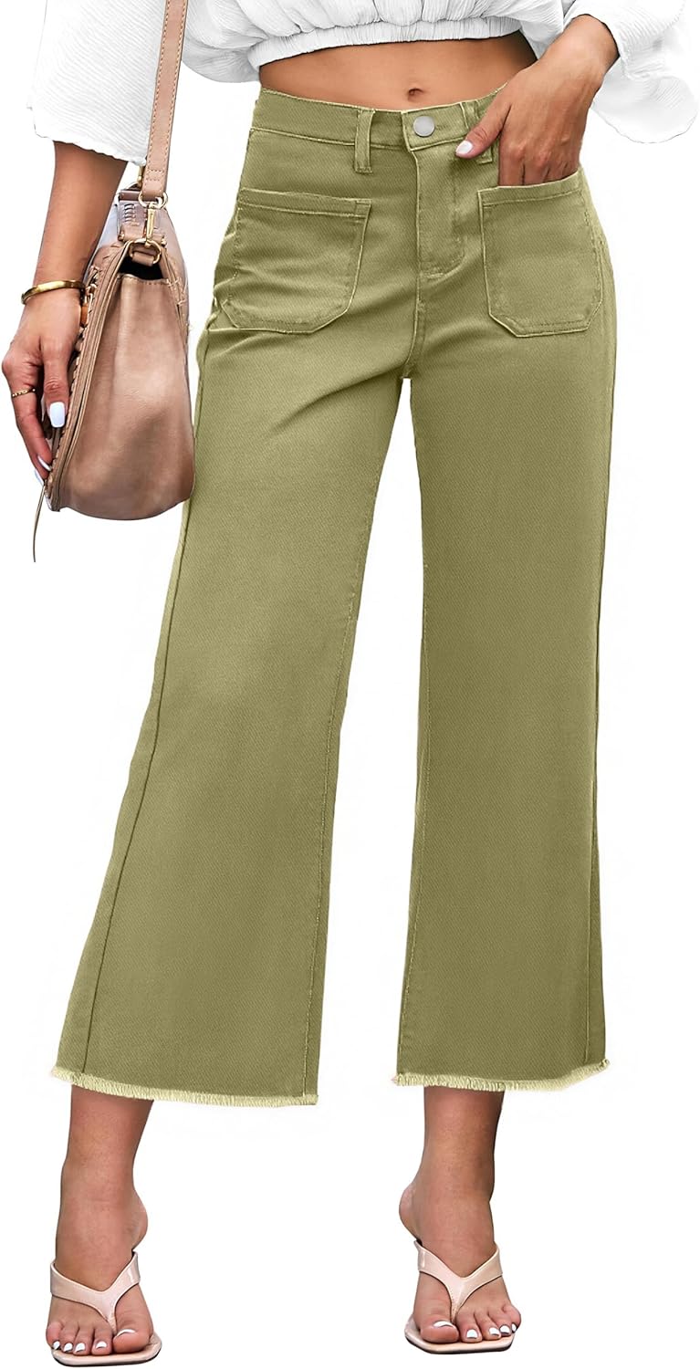 Denim Women Cropped Trousers High Rise Stretchy Pants with Pockets