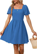 Women Puff Sleeve Square Neck Tie Back Dress - Flattering (Style GDCQ)