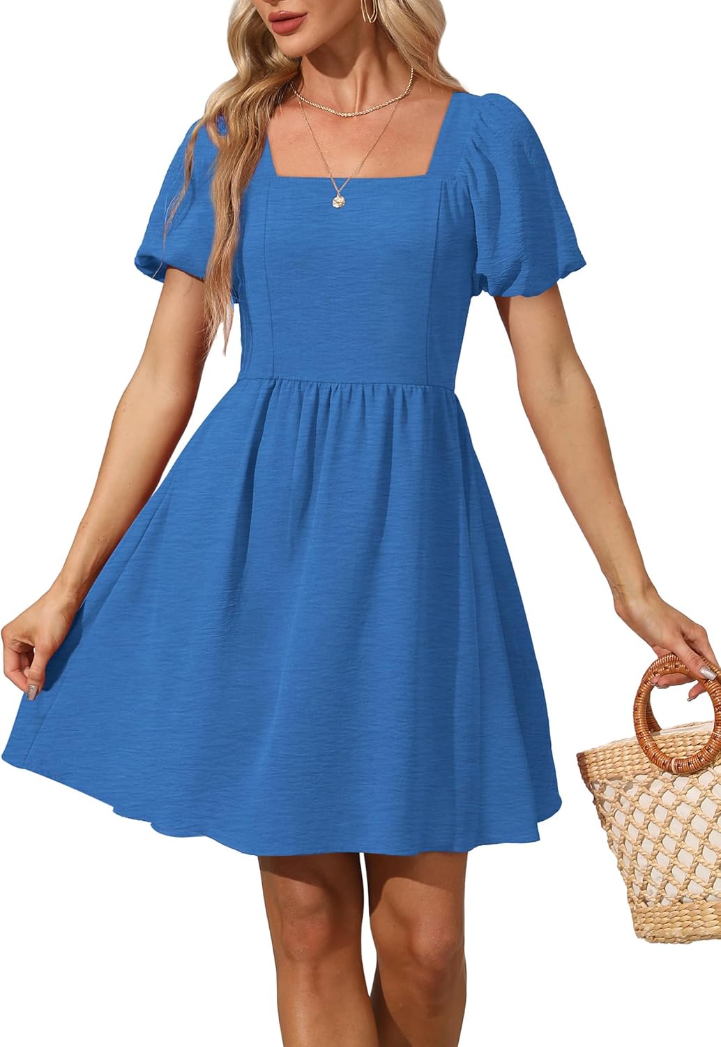 OFEEFAN Women Puff Sleeve Square Neck Tie Back Dress with Zipper