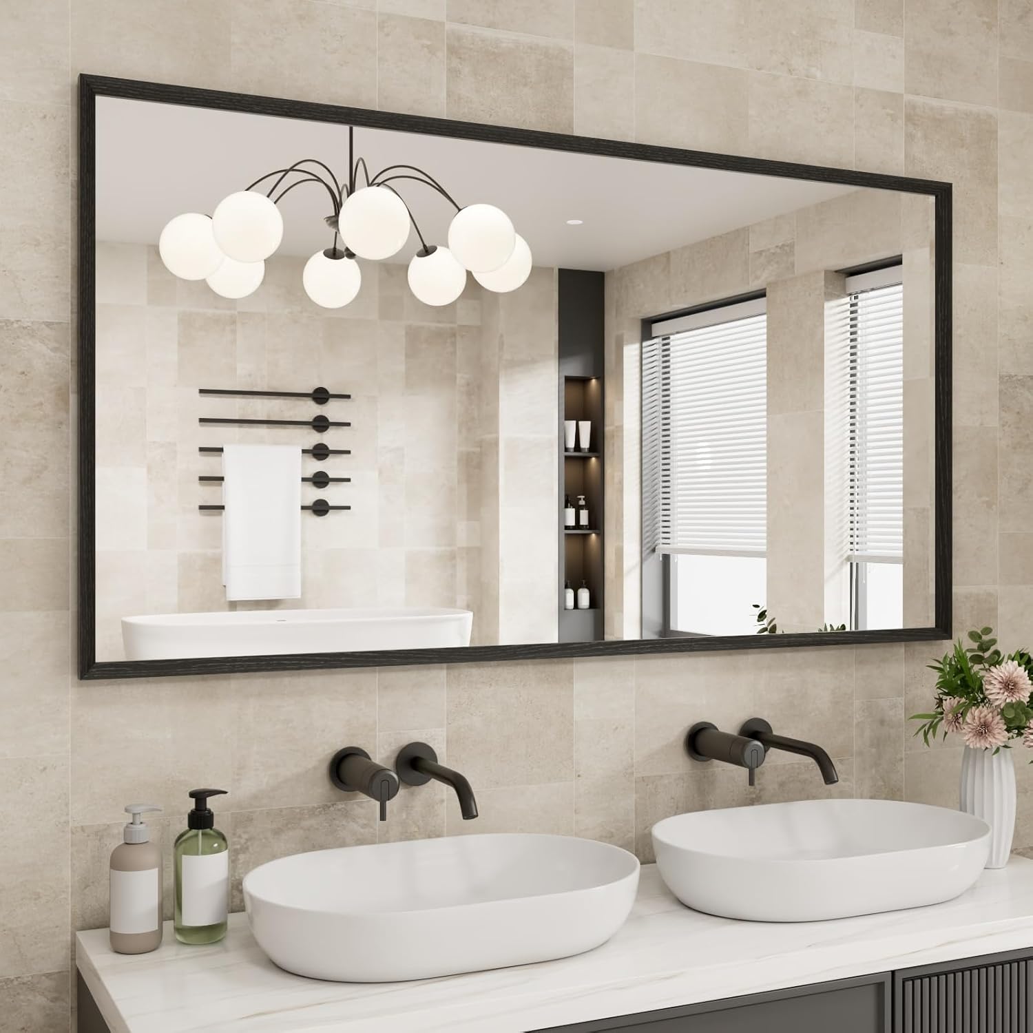 Rectangle Bathroom Mirror 55x30 Inch with Matte Black Frame