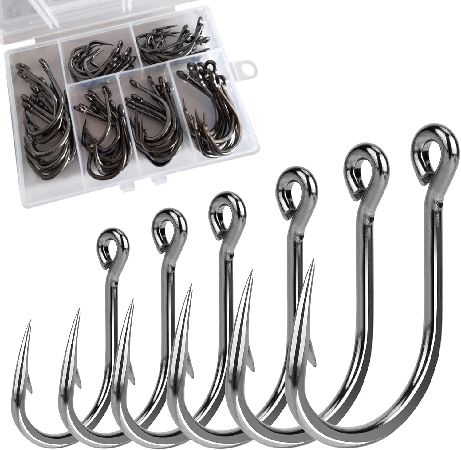 DERKERL 60PCS Stainless Steel Fishing Hooks - Ultra Strong, 6 Sizes 4/0-9/0#