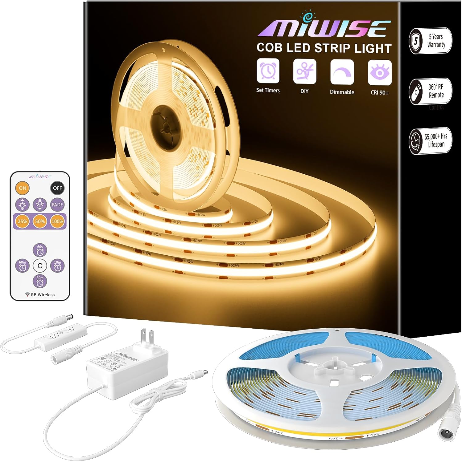 MIWISE COB LED Strip Light 32.8ft Dimmable Warm White 2700K