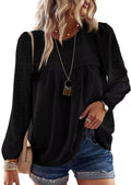 Womens Fall Crewneck Long Sleeve Chiffon Blouse - Flowy Lace Hem Pom