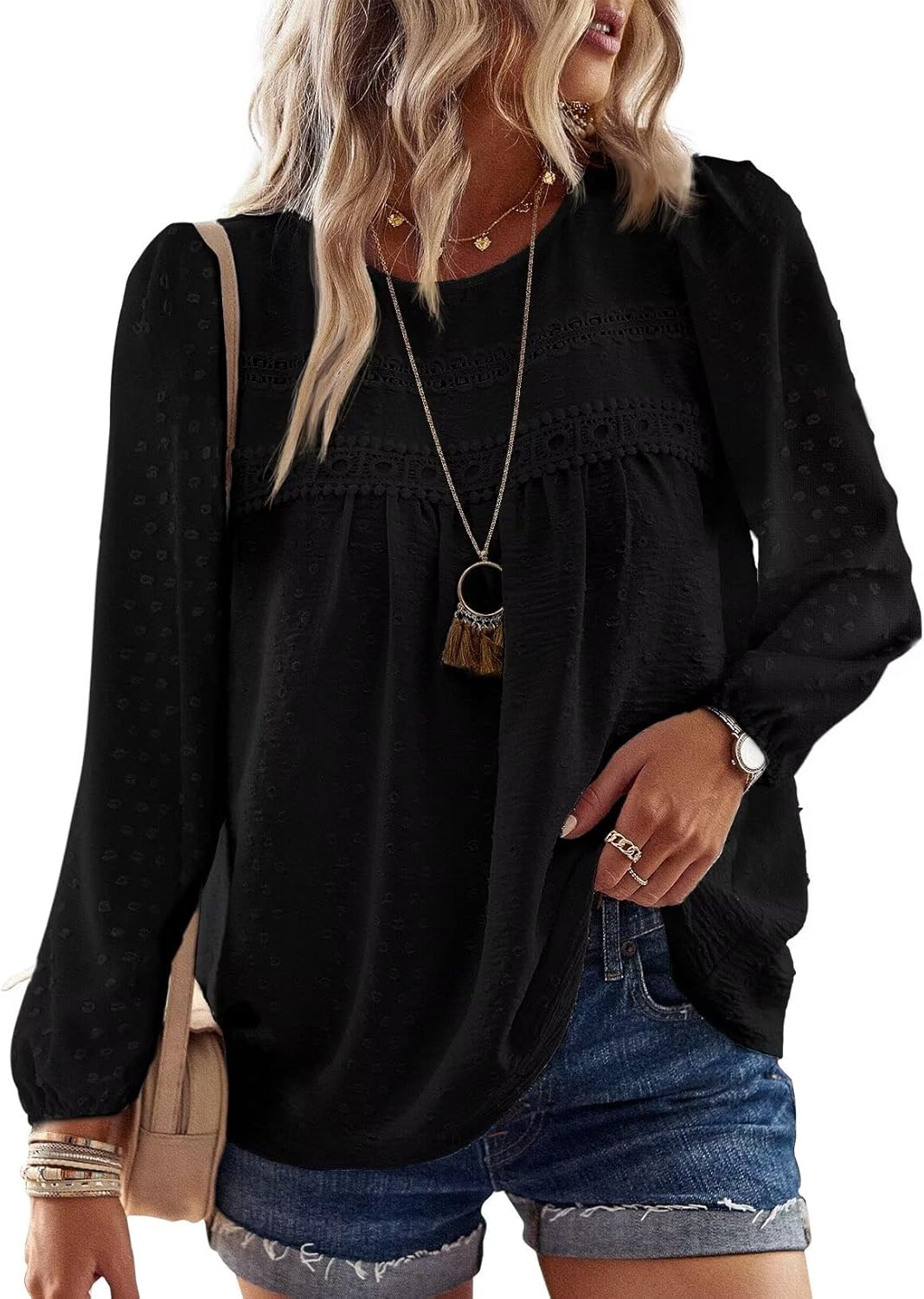 Womens Fall Tops Crewneck Long Sleeve Casual Chiffon Blouses