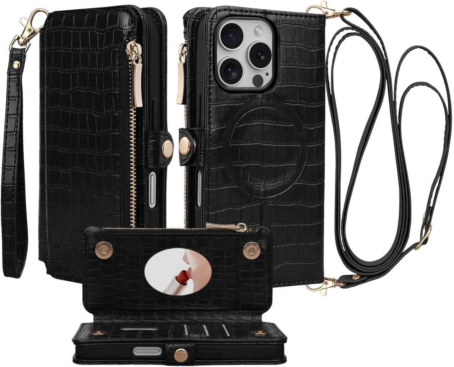 Crossbody Wallet Case for iPhone 16 Pro with Mirror and Strap