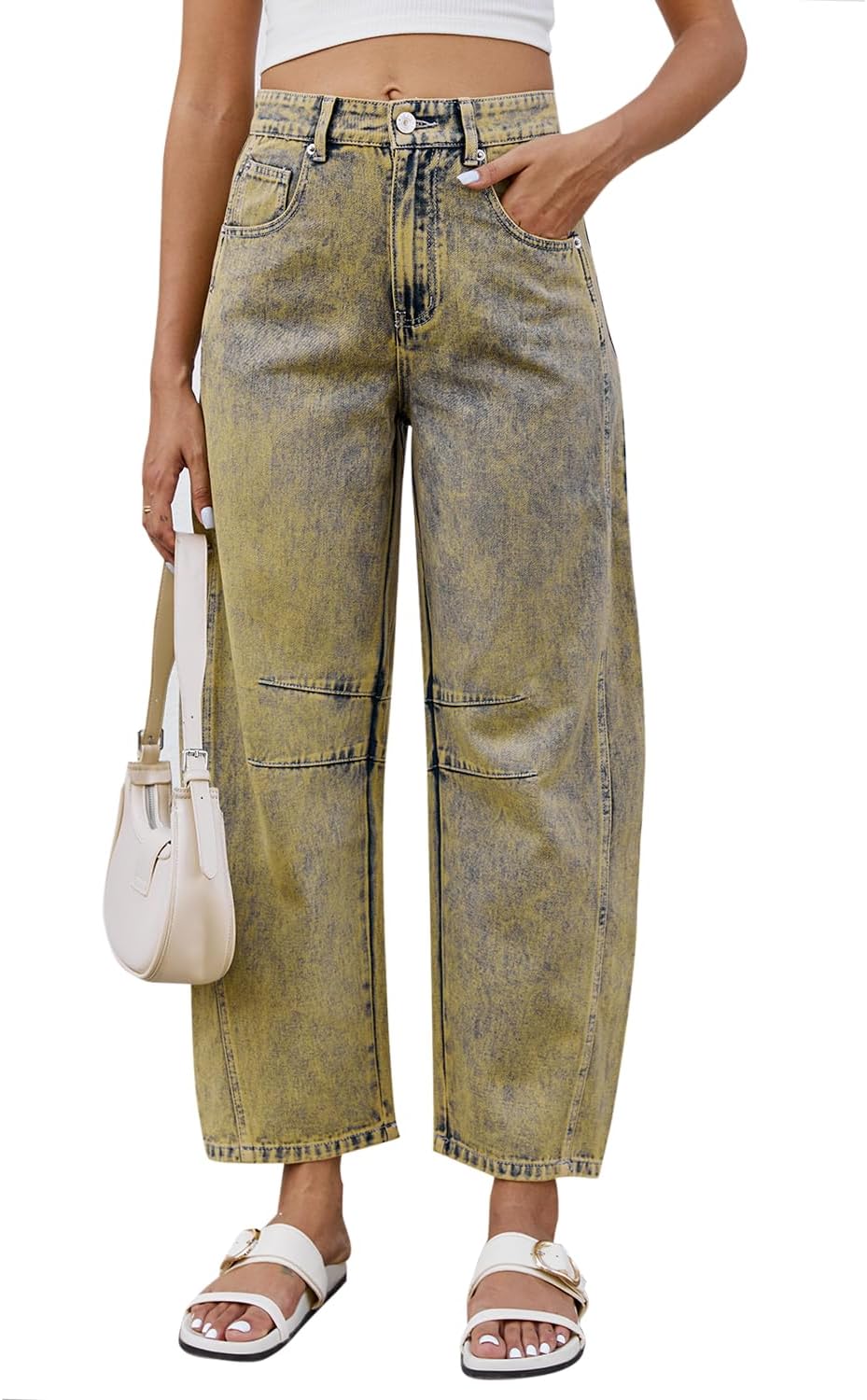 Mid Rise Barrel Jeans for Women Wide Leg Cropped Denim Pants