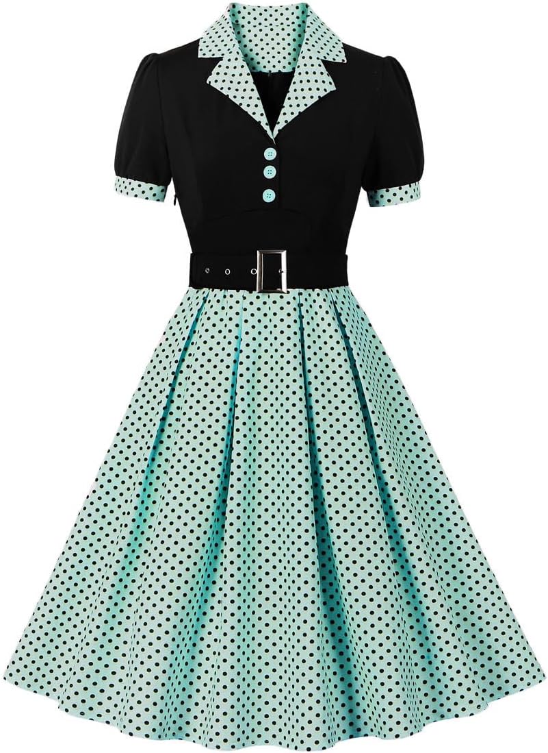 Women Vintage 1950s Retro Cocktail Party Swing Dress with Belt