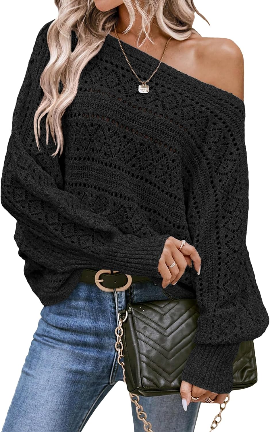 EVALESS Women's Crochet Boat Neck Long Sleeve Sweater for Fall
