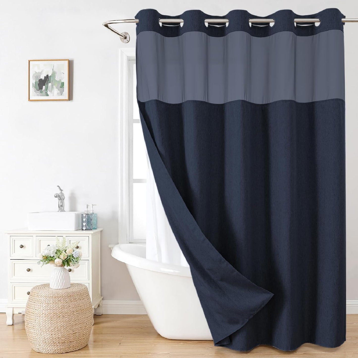 Linen Textured Shower Curtain with Snap-in Liner for Luxury Bath