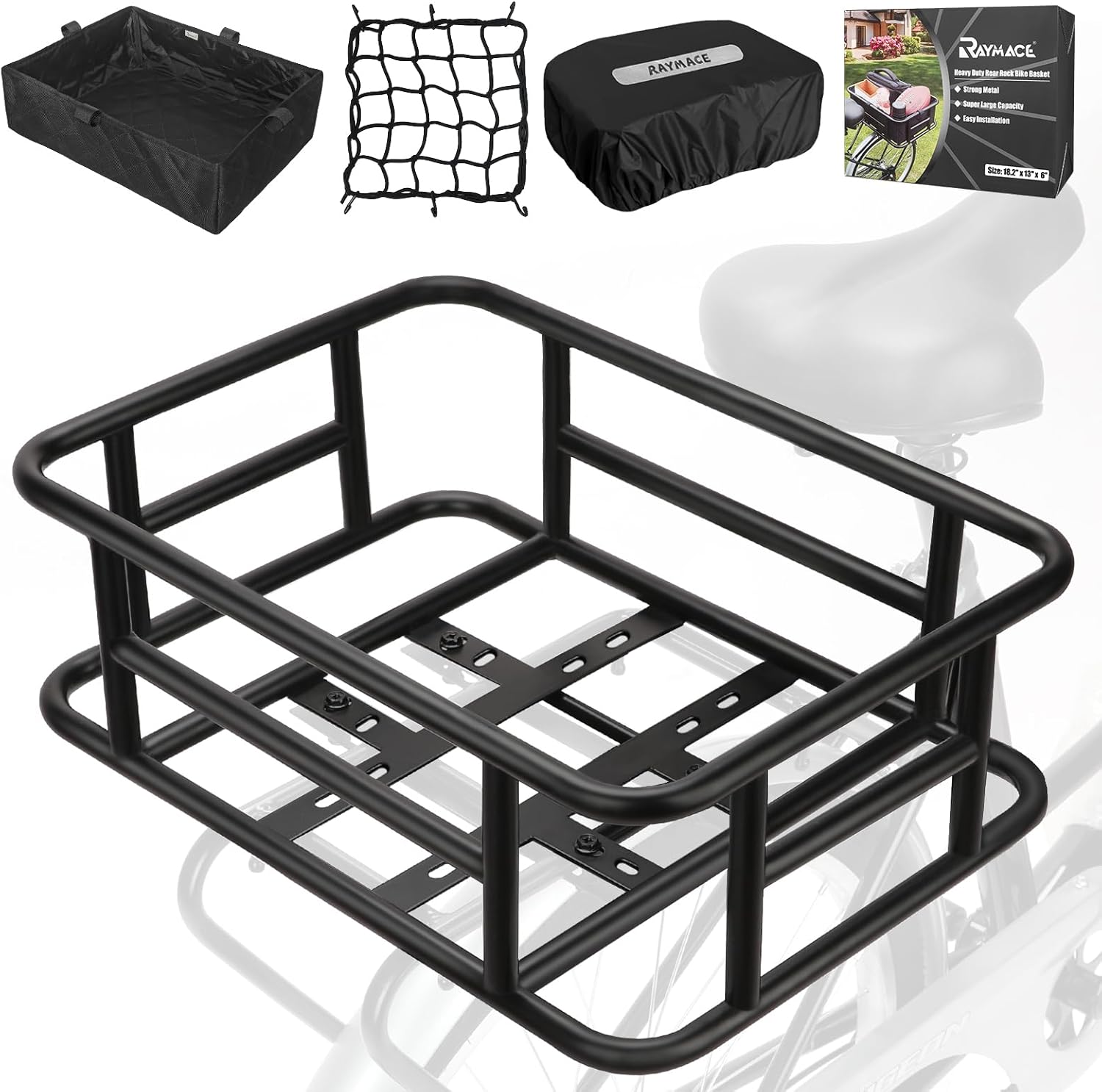 RAYMACE Rear Rack Bike Basket with Cargo Net for Bicycles