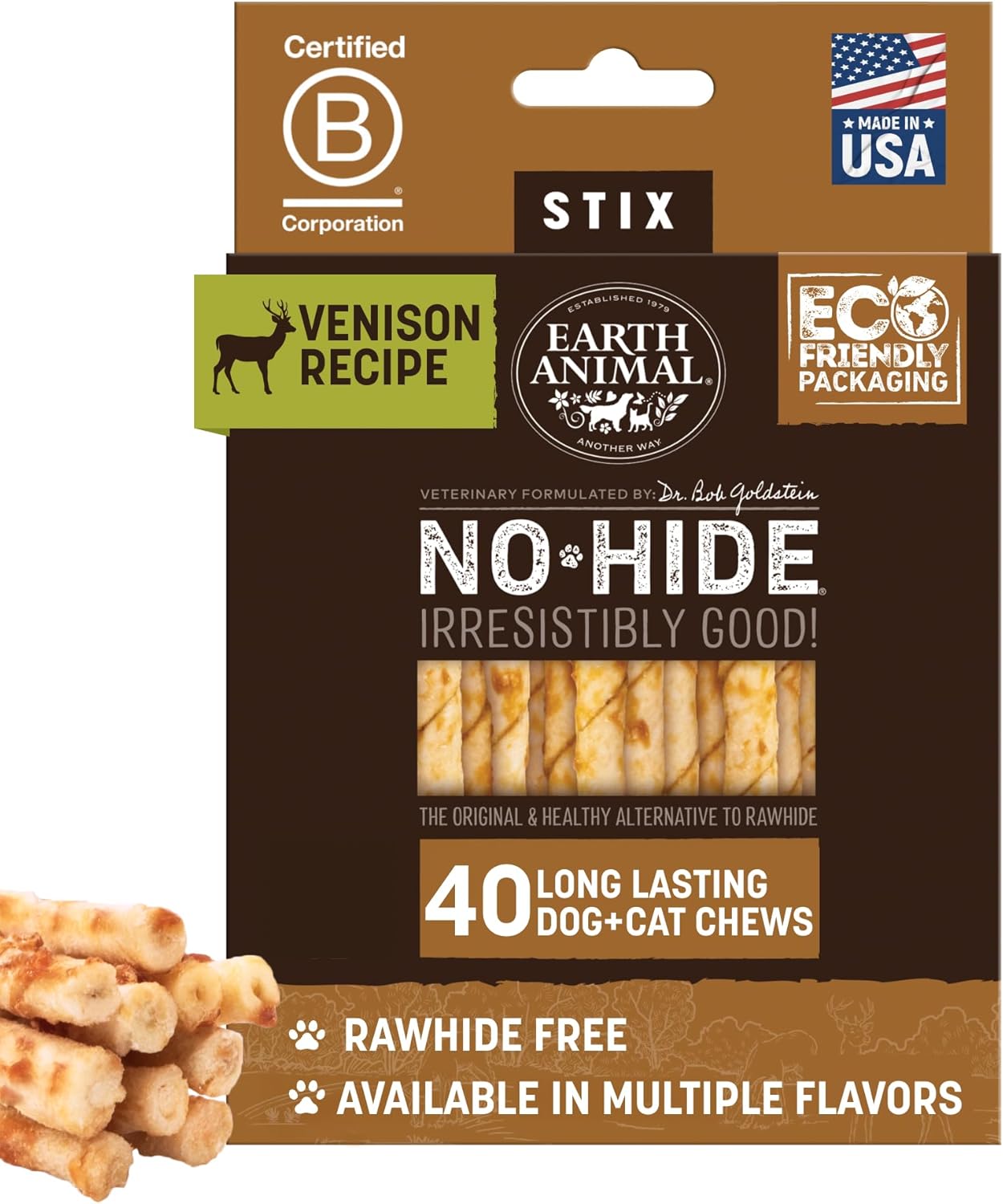 Earth Animal No-Hide Stix Venison Recipe Chews for Pets