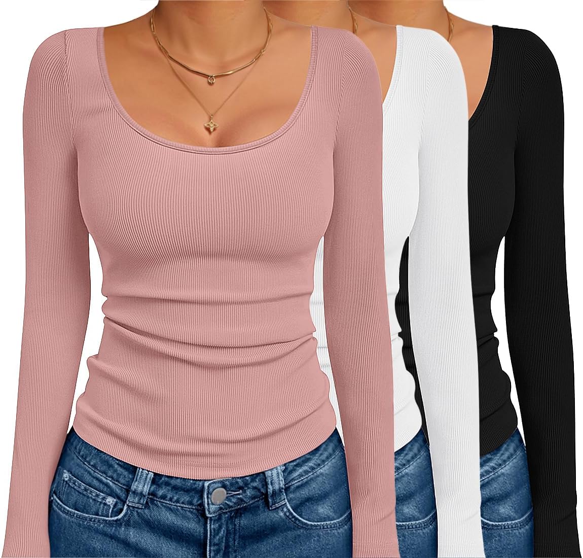 Ekouaer Long Sleeve Shirts for Women Scoop Neck Ribbed Tops