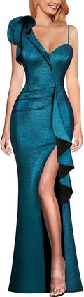VFSHOW One Shoulder Ruffle Beaded Strap Ruched Slit Maxi Dress Dresses