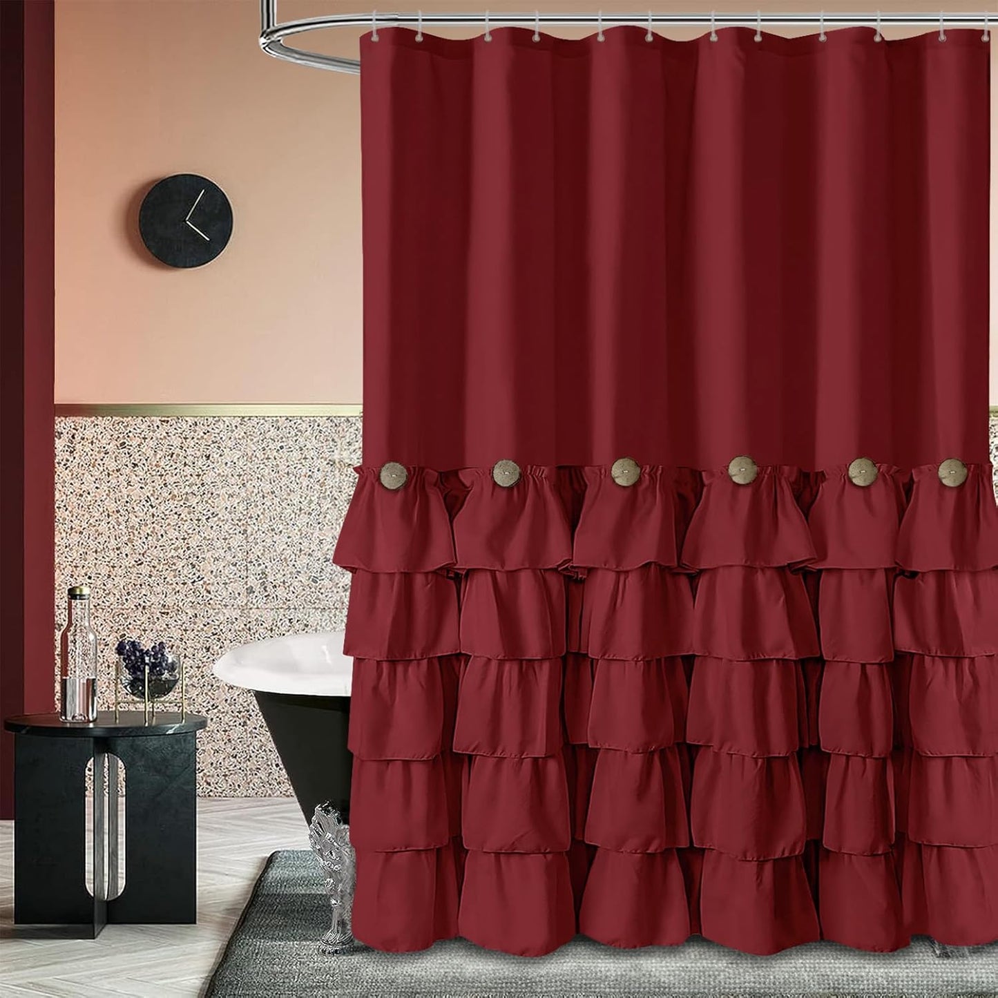 Burgundy Shower Curtain with Ruffles and Nature Buttons for Style