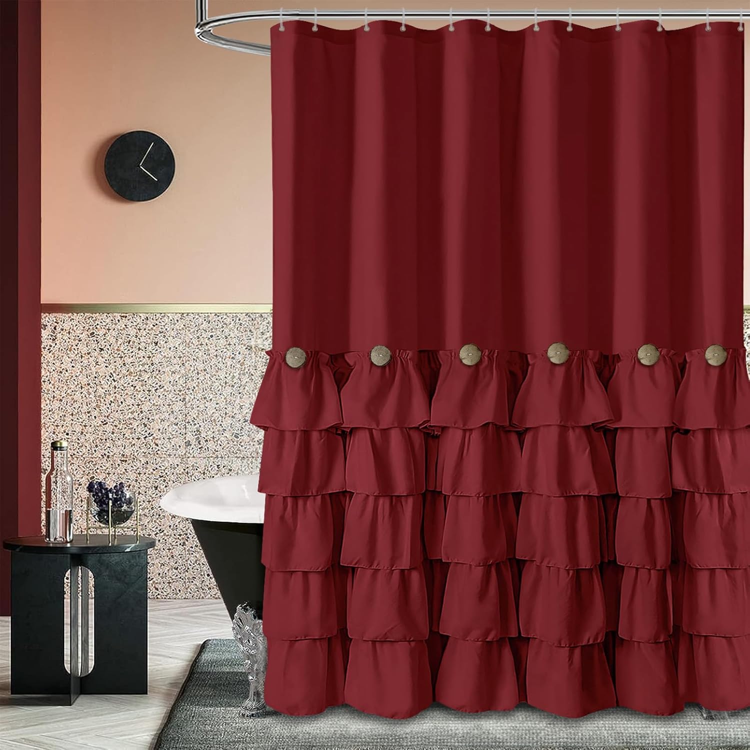 Burgundy Shower Curtain with Ruffles and Nature Buttons for Style