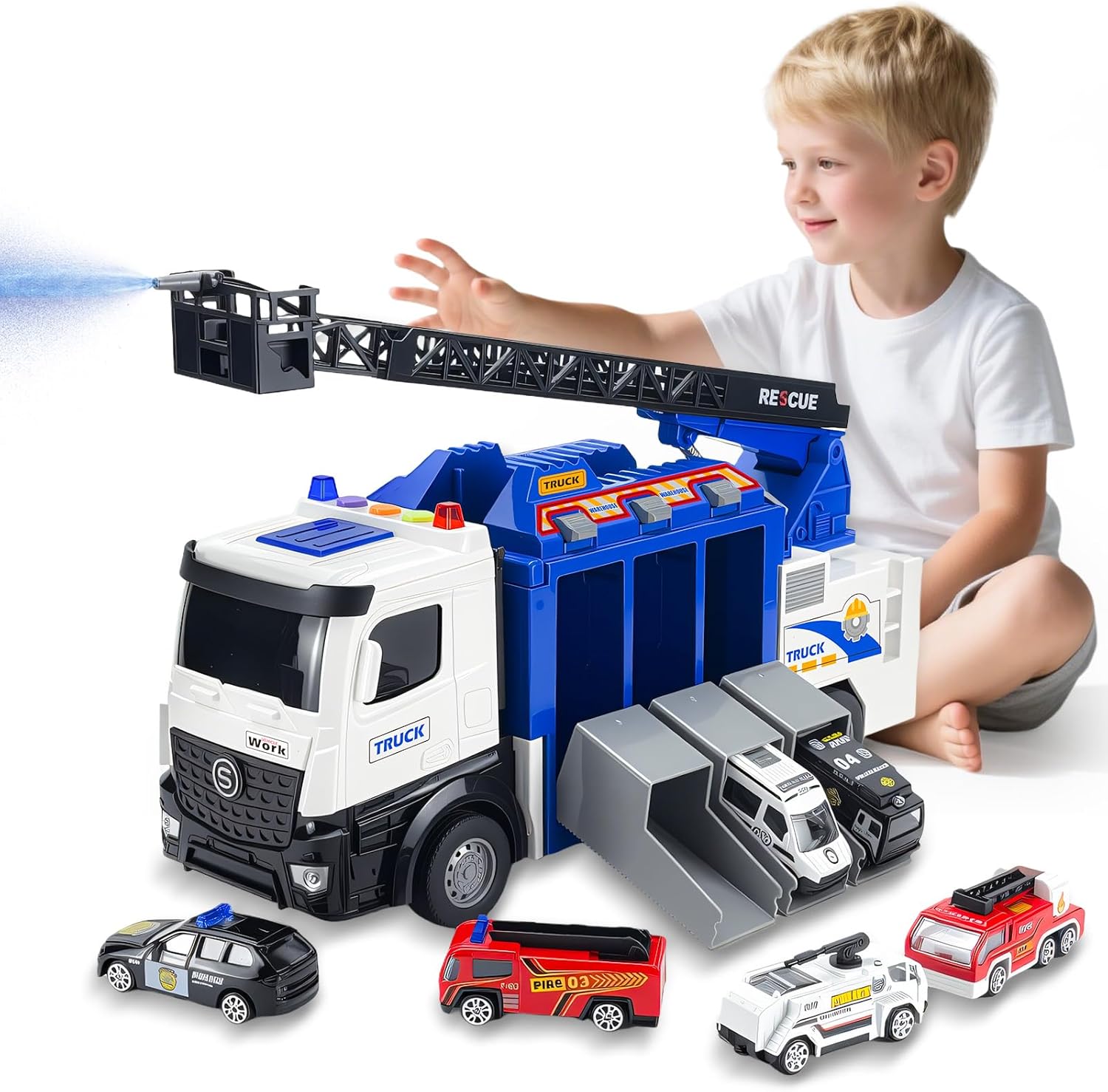 3-in-1 Large Fire Truck Toy with Garage & 6 Cars for Kids