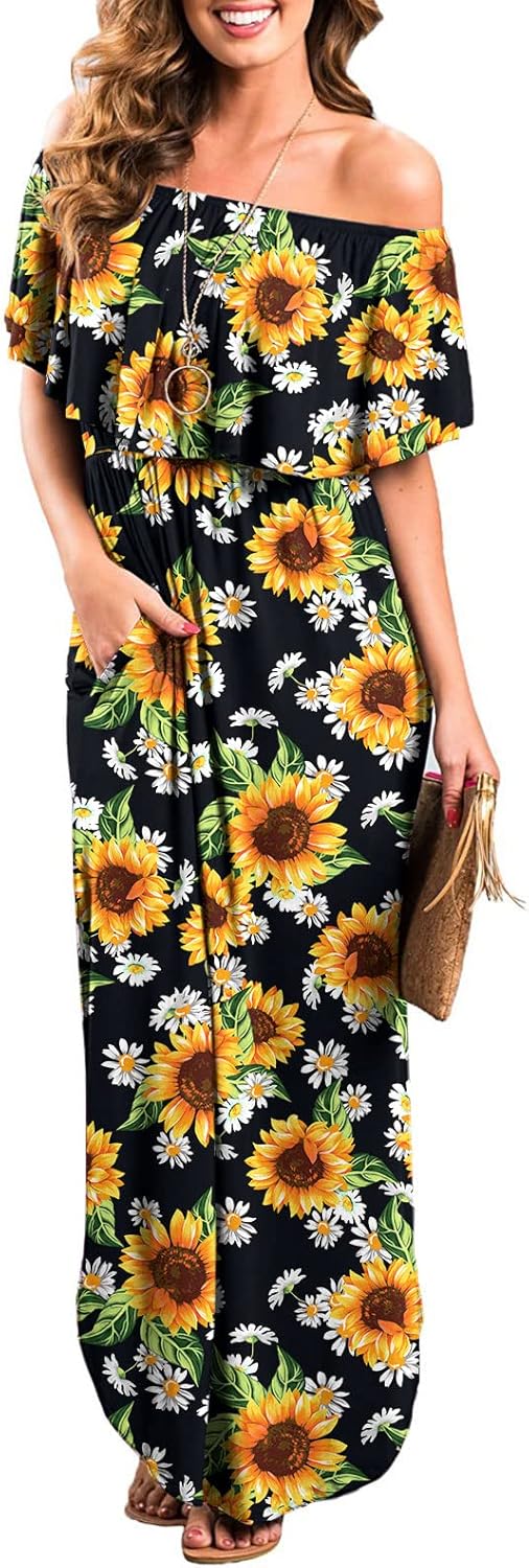 LILBETTER Womens Off The Shoulder Ruffle Maxi Dress for Parties