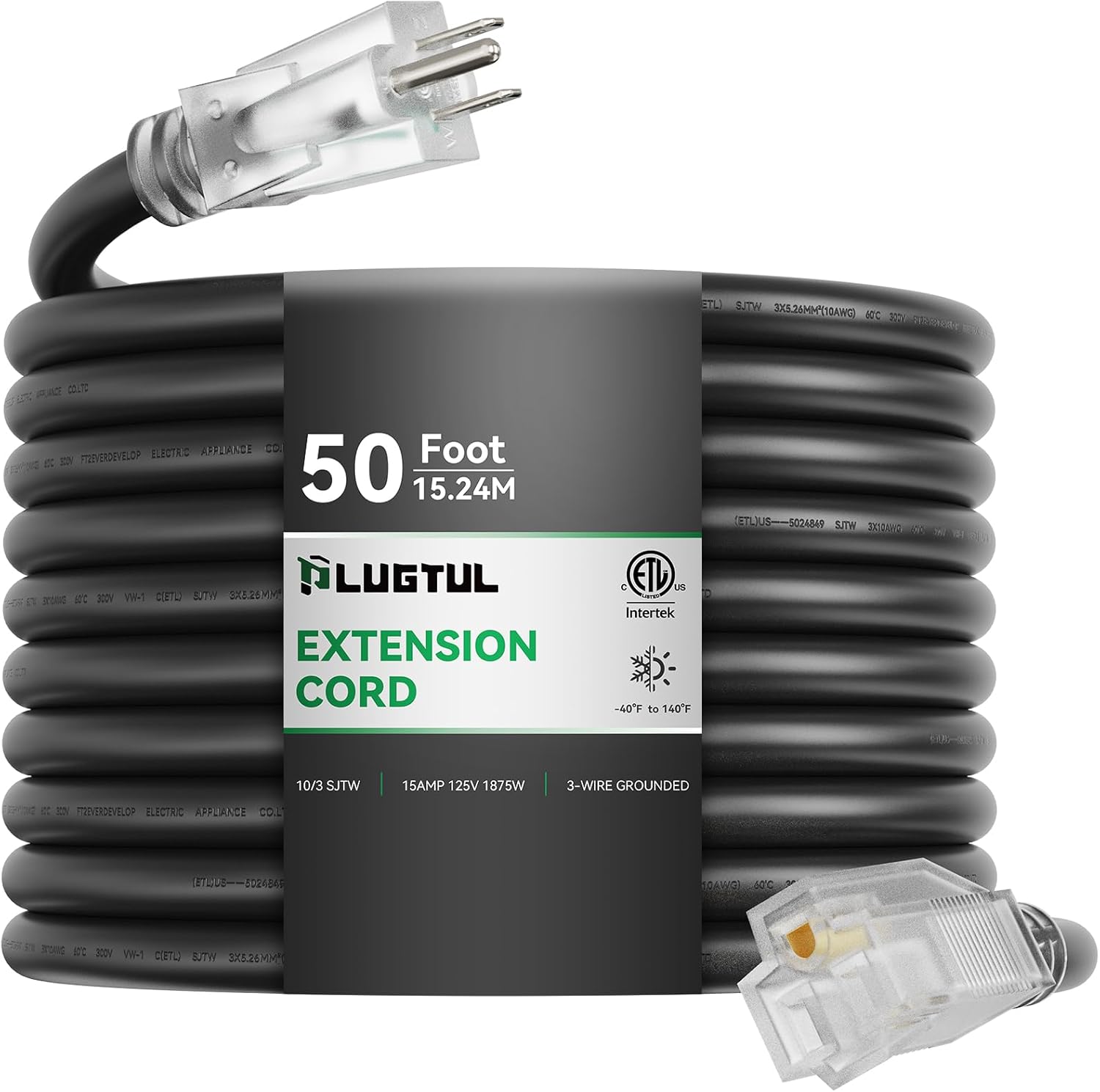 PLUGTUL 10 Gauge 50FT Outdoor Extension Cord with Lighted End