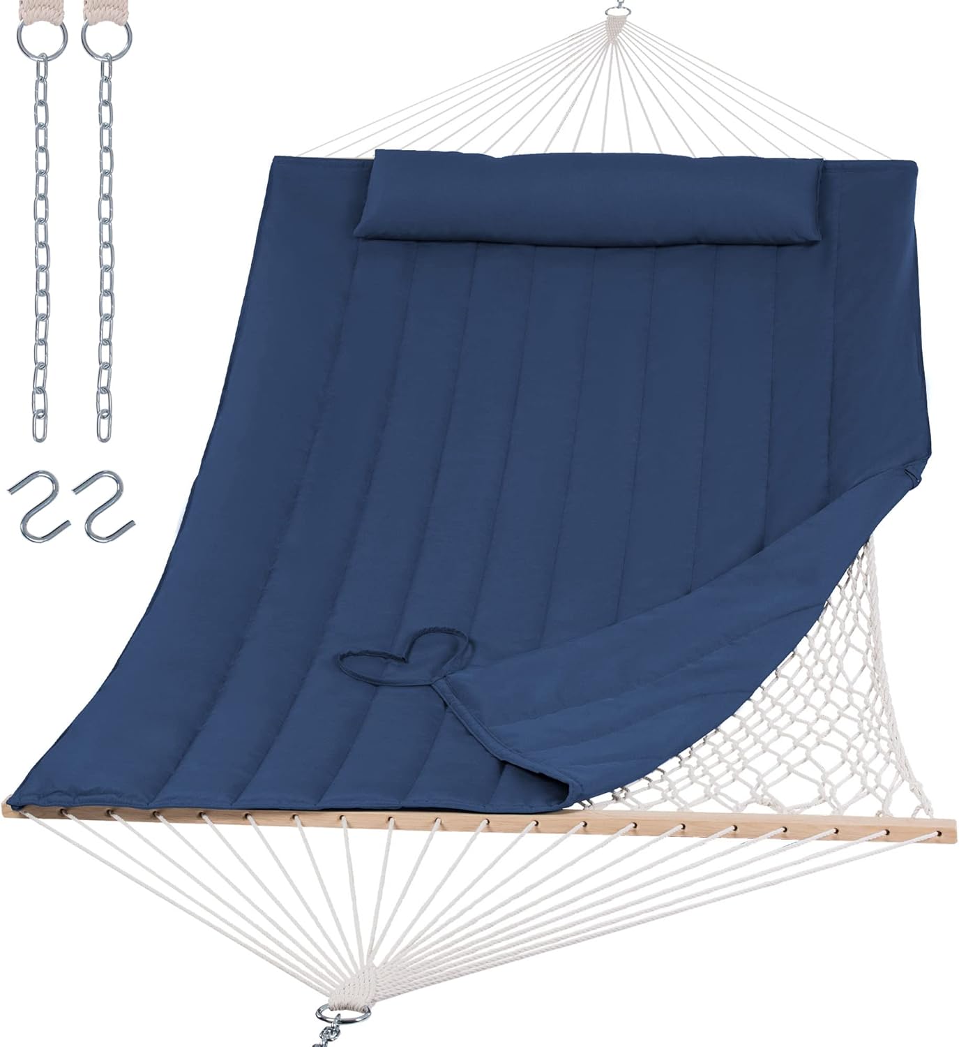 Outdoor Double Hammock with Hardwood Spreader Bar for Comfort