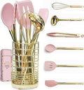 Gold and Pink Kitchen Utensil Set with Holder - Stylish 7-Piece