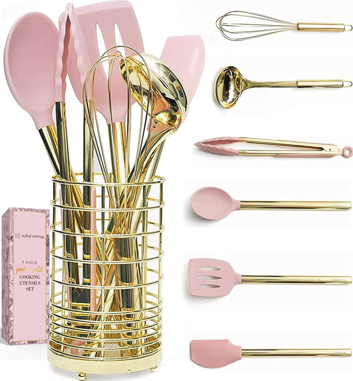 Gold and Pink Kitchen Utensil Set with Holder for Stylish Cooking