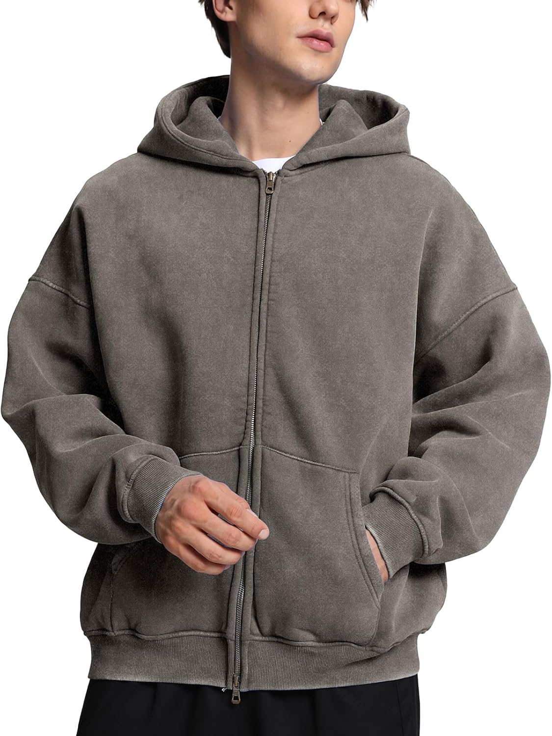FAIABLE Mens Womens Double Zip Up Hoodie Oversized Vintage Style